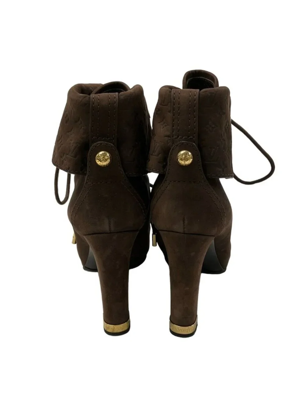 Louis Vuitton Short Boots 37.5 Dark Brown Lace Up Monogram Embossed